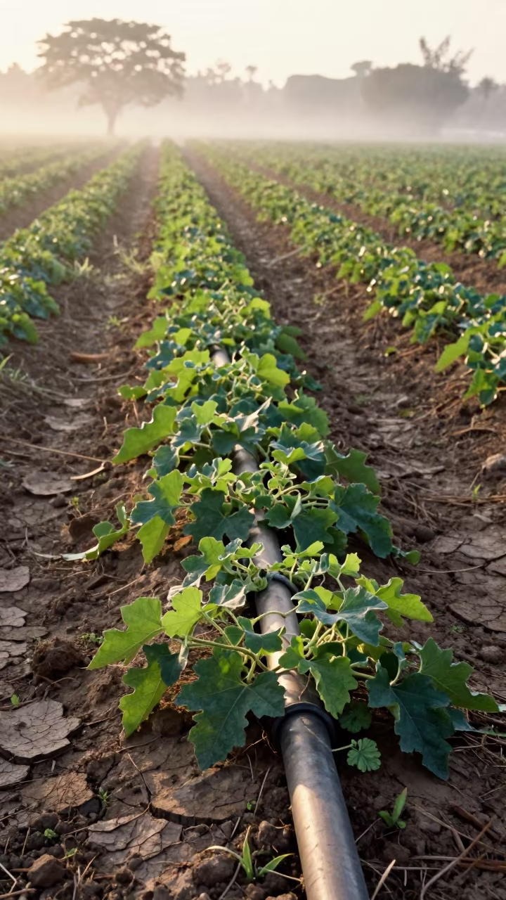 Melon Vines on Irrigation Pipe at Sunrise in along freshly irrigated rows near Villahermosa