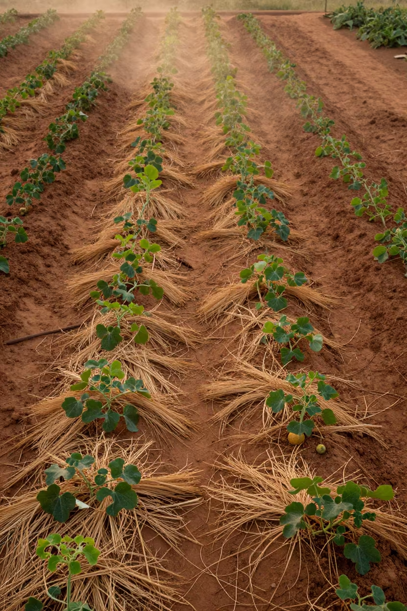 Melon Vines on Sandy Rows at Dusk in along freshly irrigated rows in Nigeria