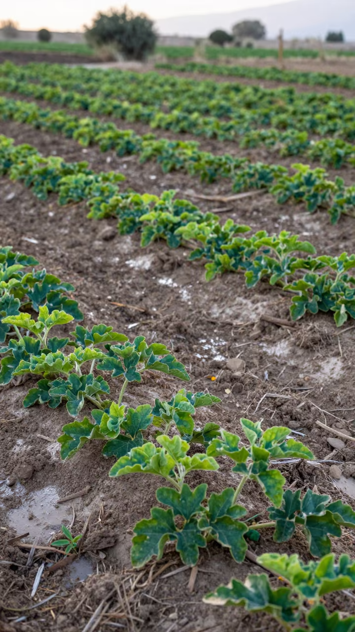 Melon Vines on Sandy Soil Greek Islands Dawn in along freshly irrigated rows in the Greek Islands