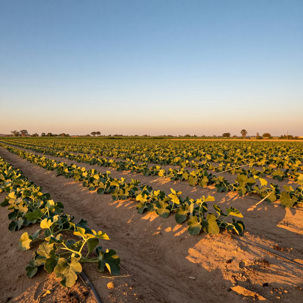 Melon Vines Sprawling Sandy Soil Sunset Rift Valley in along freshly irrigated rows in the Rift Valley