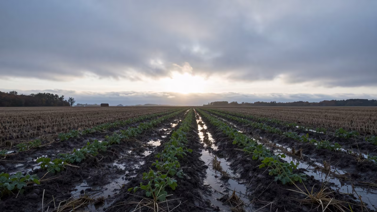 Melon Vines Silhouetted Against Dawn Light in Maine in across a harvested grain field in Maine