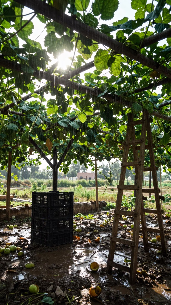 Melon Vines Silhouetted Against Midmorning Light in among orchard ladders and crates near Rahim Yar Khan