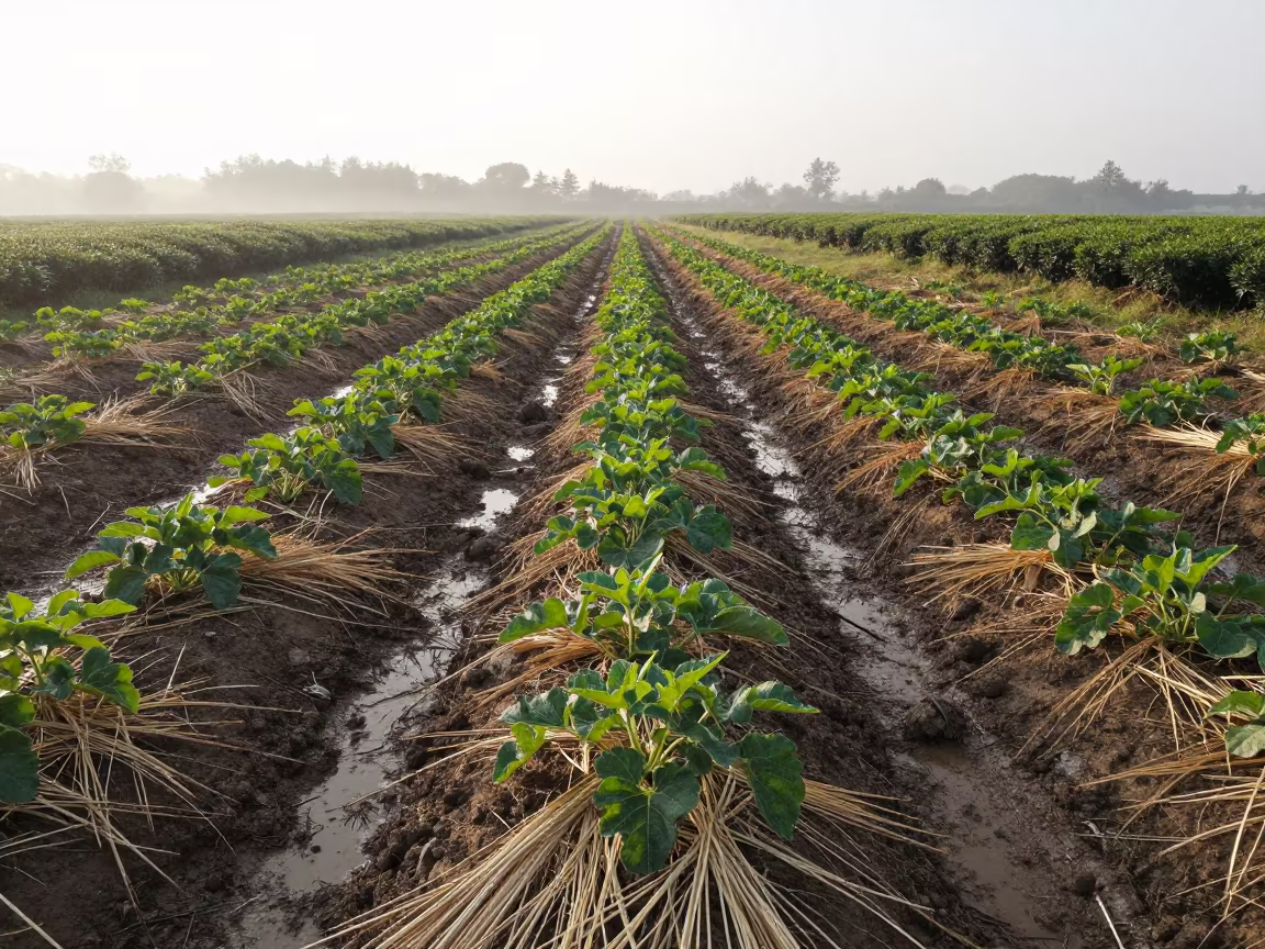 Melon Vines and Straw Mulch at Dawn in at the edge of a tea plantation near Jinan