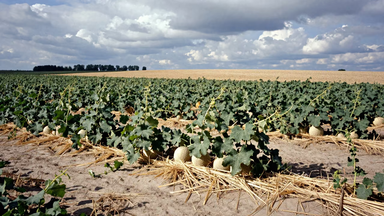 Melon Vines and Straw Mulch on Windy Belarus Field in across a harvested grain field in Belarus