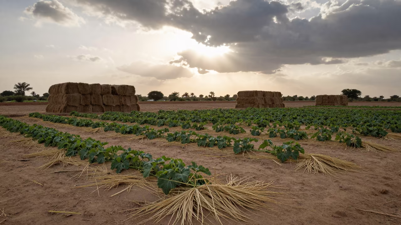 Melon Vines Silhouetted Against Sunset in Niger in beside stacked hay bales in Niger