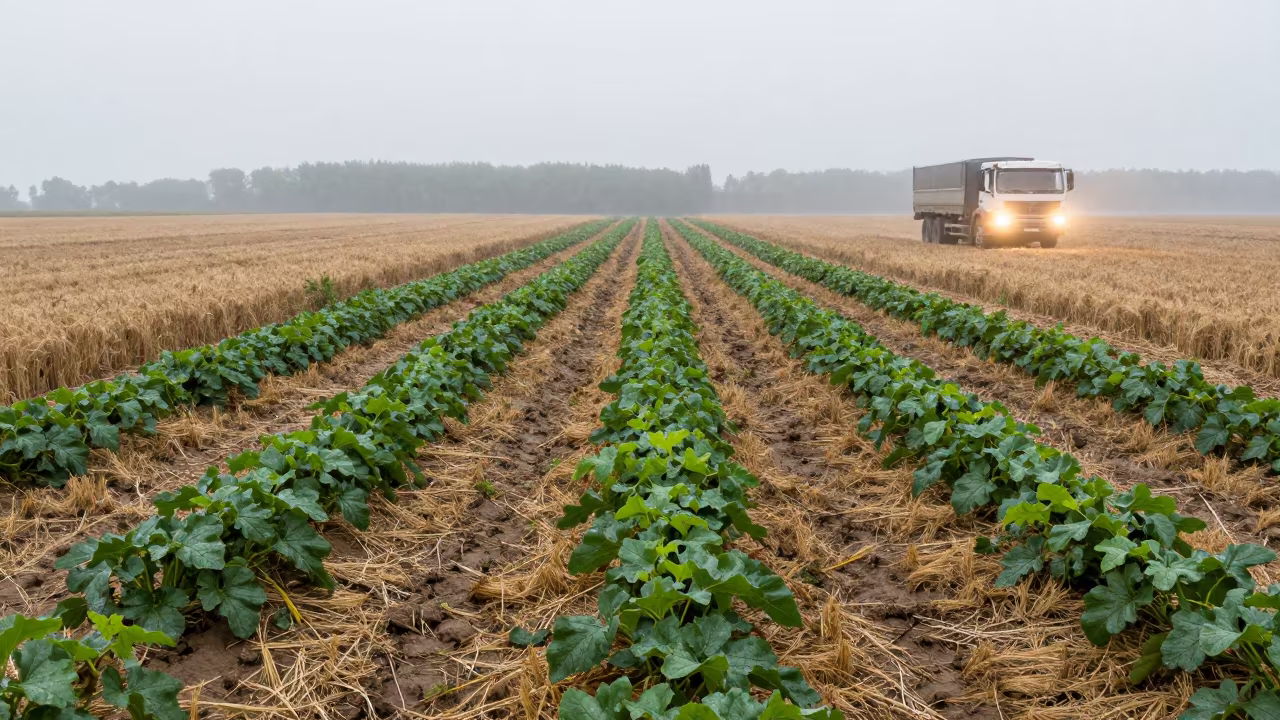 Melon Vines Under Truck Headlights in Belarus in across a harvested grain field in Belarus