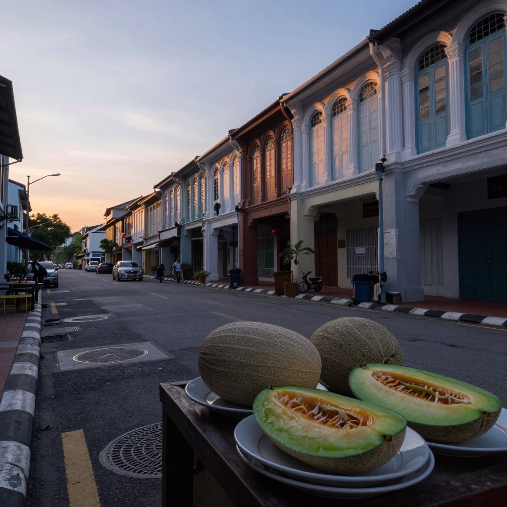 Melons and Ceramic Plates in George Town Malaysia Before Sunrise Street Photography in in George Town, Malaysia