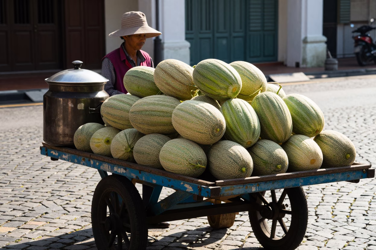 Melons and Cooking Pots in George Town Late Morning Street Scene in in George Town, Malaysia