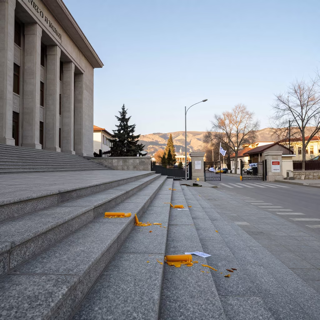 Melted Candle Wax on Granite Steps Yozgat in at a crosswalk by a school gate in Yozgat