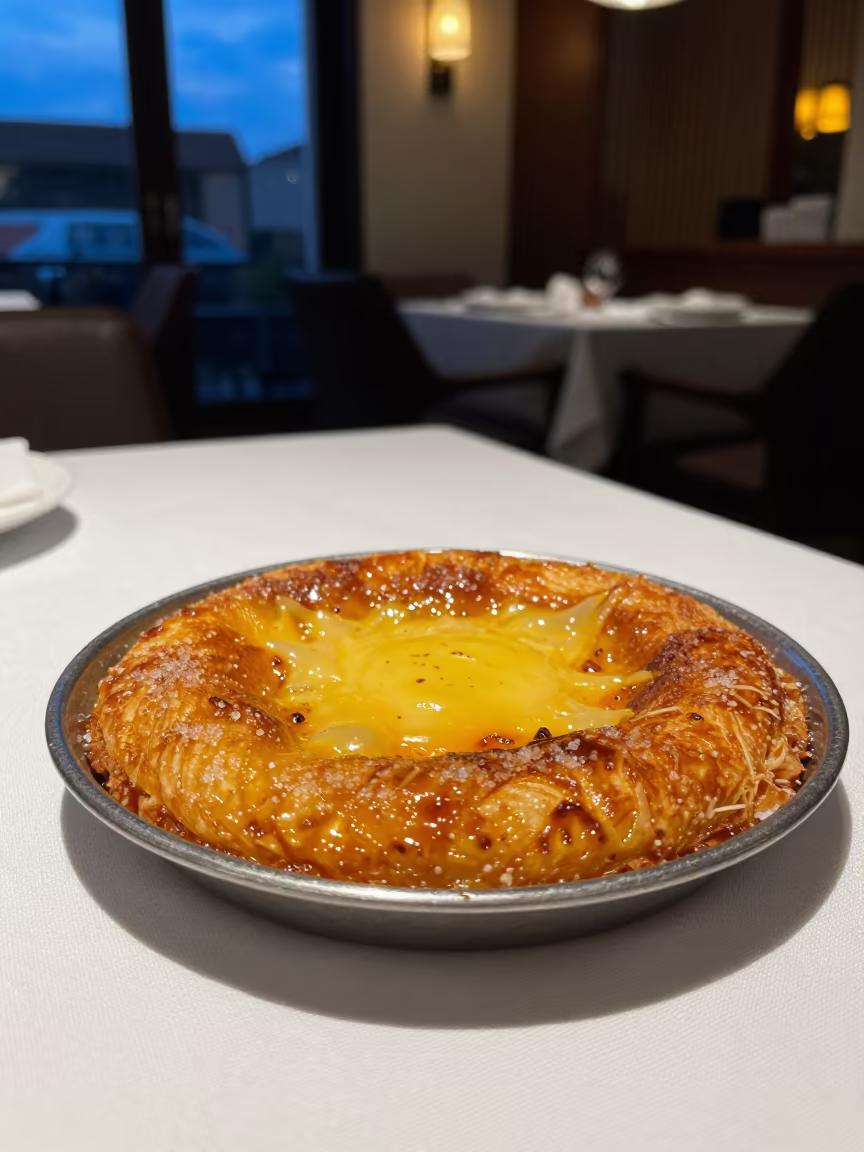 Melted Cheese Kunafa on Linen Table in Douala in on a linen-covered restaurant table in Douala