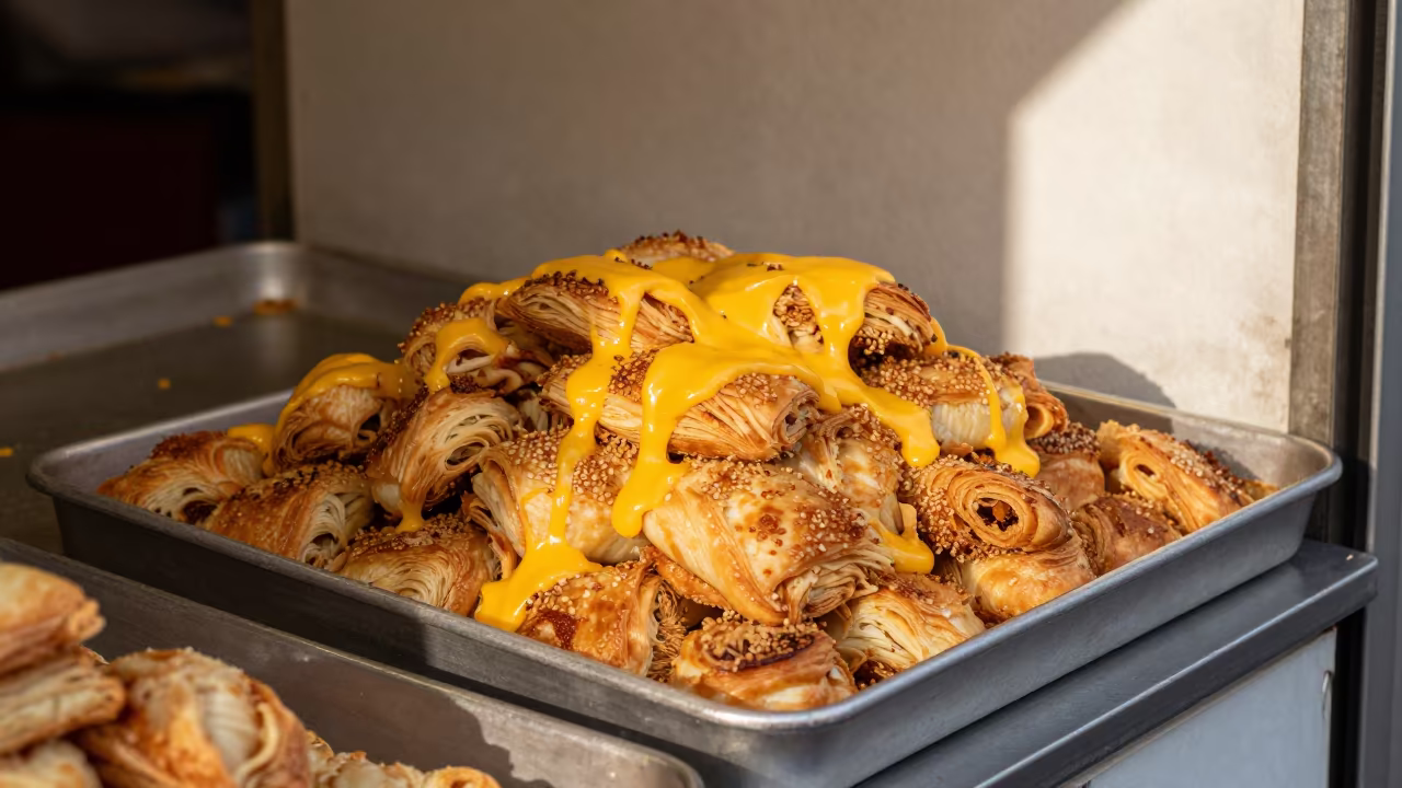 Melted Cheese Kunafa Tray at Milan Market in at a market stall counter in Milan