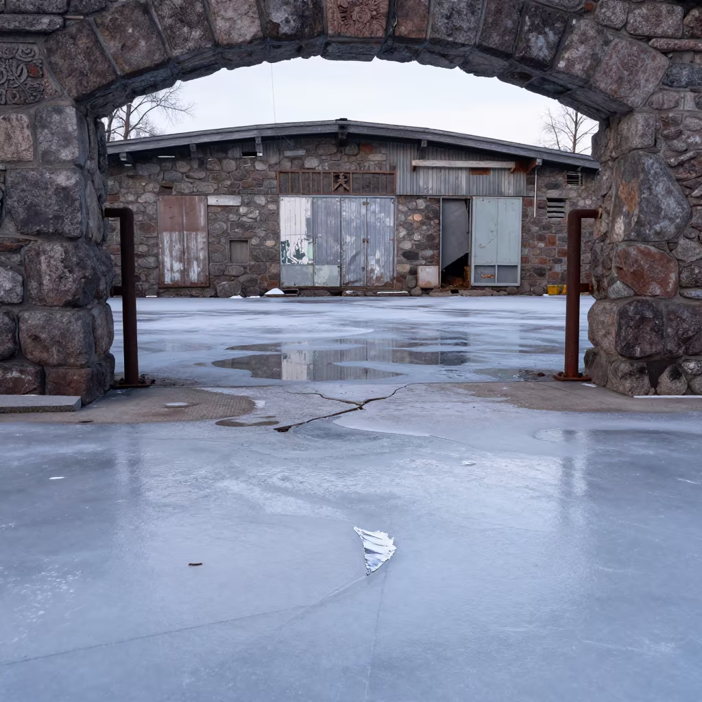 Melted Ice Rink in Abandoned Finnish Court in through an abandoned ceremonial court in Finland