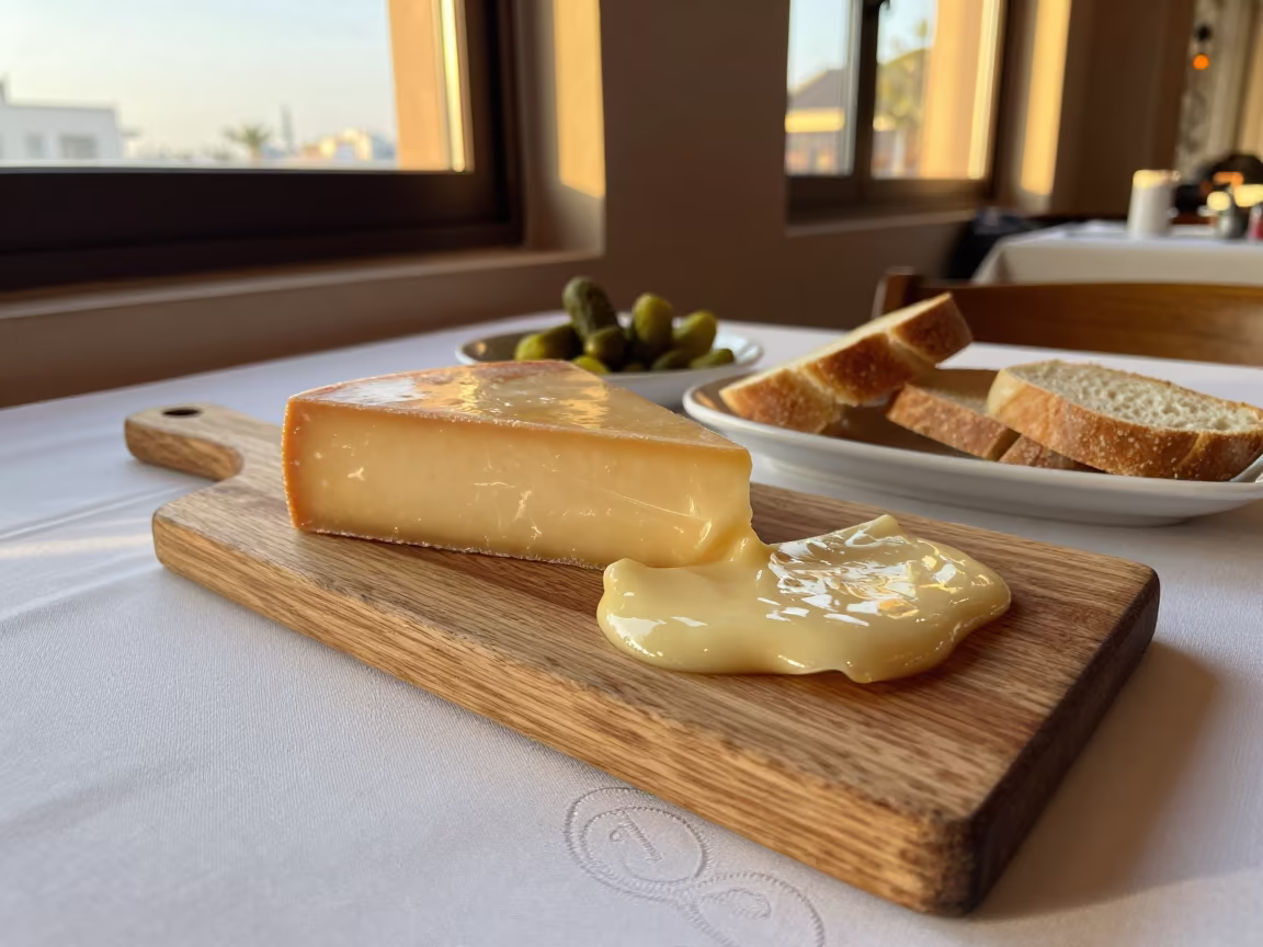 Melted Raclette Cheese on Linen Table Casablanca in on a linen-covered restaurant table in Corniche, Casablanca