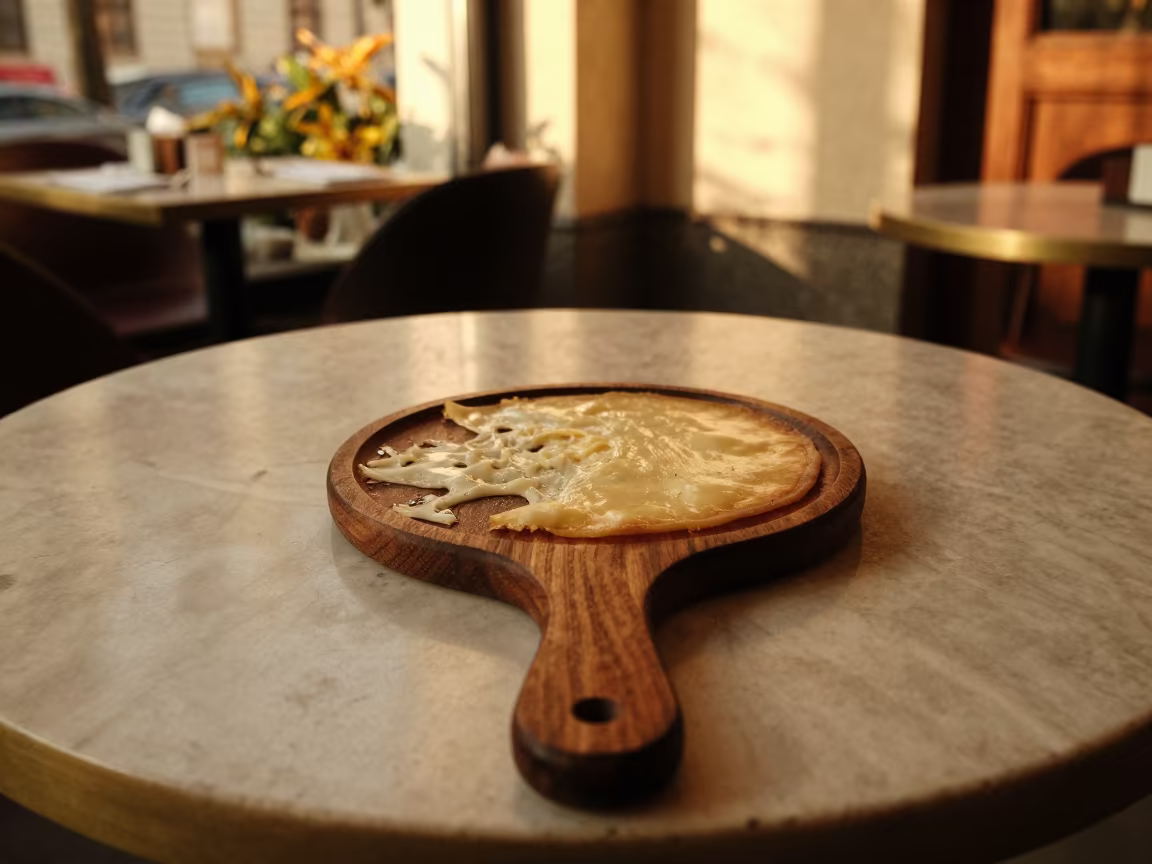 Melted Raclette Cheese on Marble Table Lviv in on a marble cafe table in Lviv