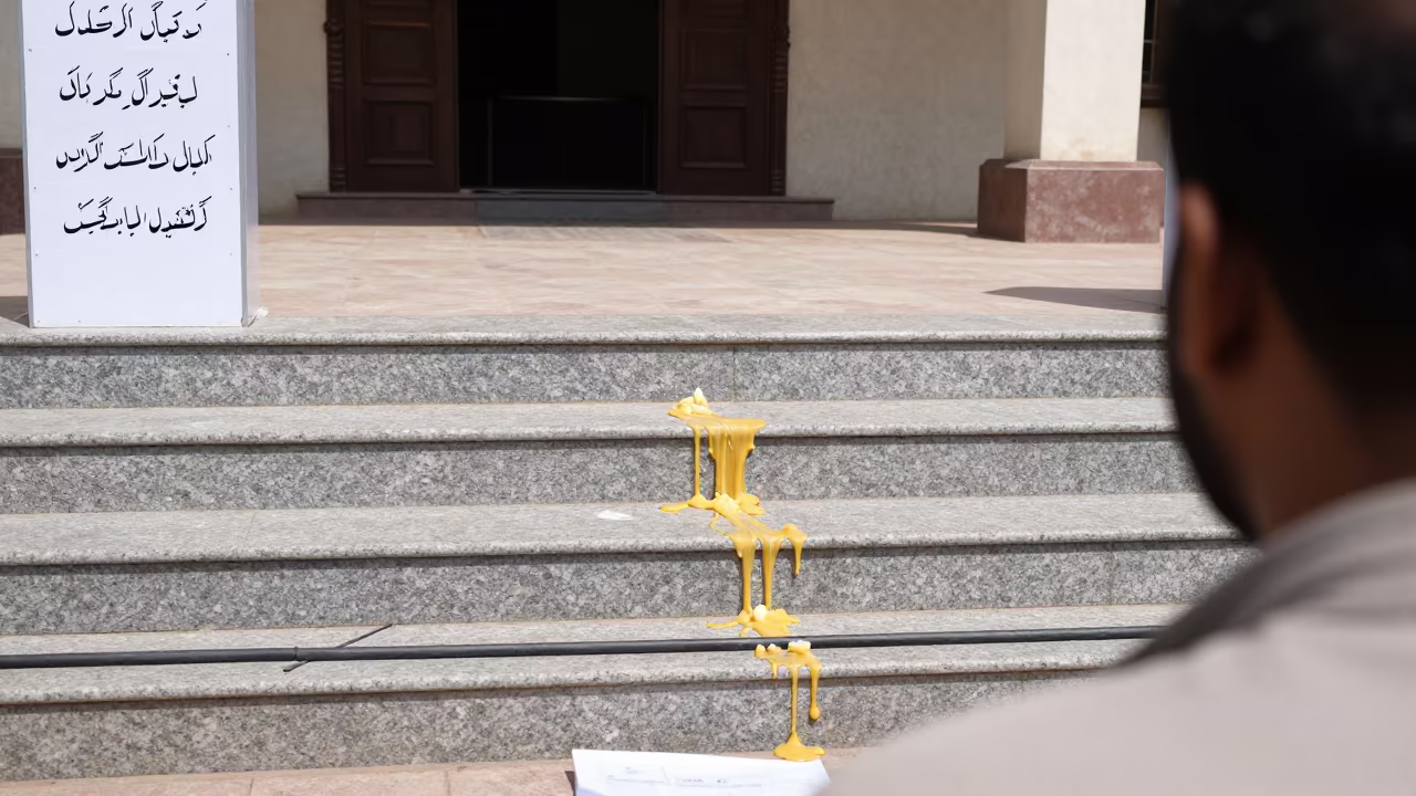 Melted Wax Pools on Granite Steps at Gujranwala Polling Station in outside a polling station entrance in Gujranwala