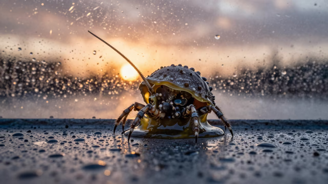 Melting Barnacle Cirri on Rainy Metal in across a rain-beaded metal surface in Espoo