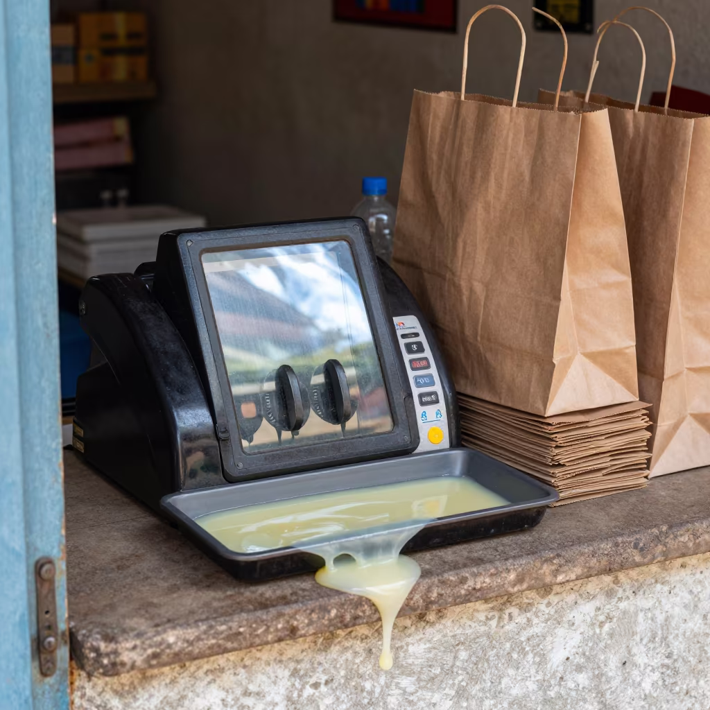 Melting Cash Clicker Tray Stone Town Store in at a cash wrap counter with bags stacked nearby near Stone Town