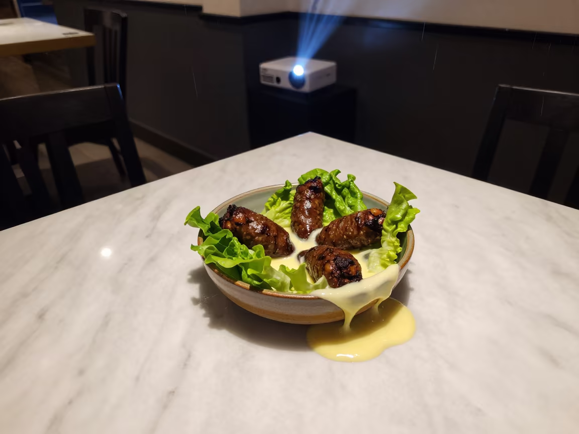 Melting Ciğ Köfte Bowl in Ibagué Cafe in on a marble cafe table in Ibagué