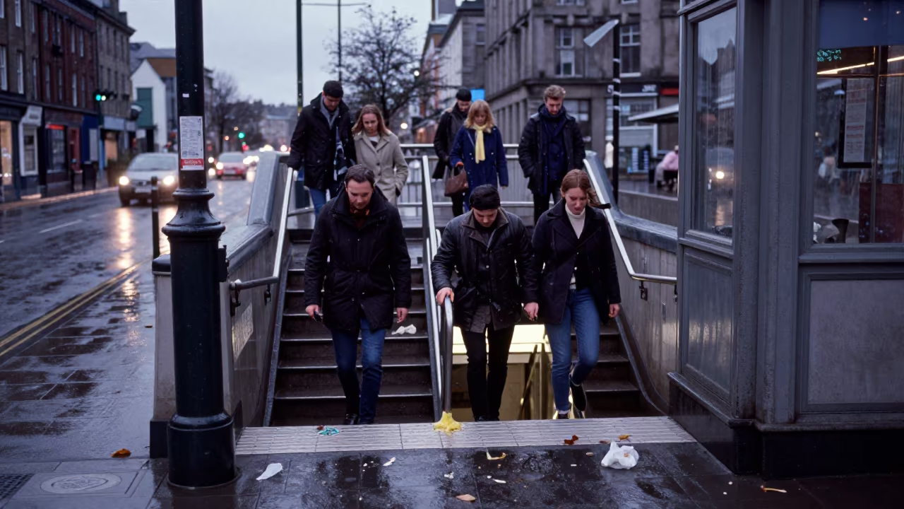 Melting Commuters Stairs Aberdeen Dusk in by a rain-darkened kiosk in Aberdeen