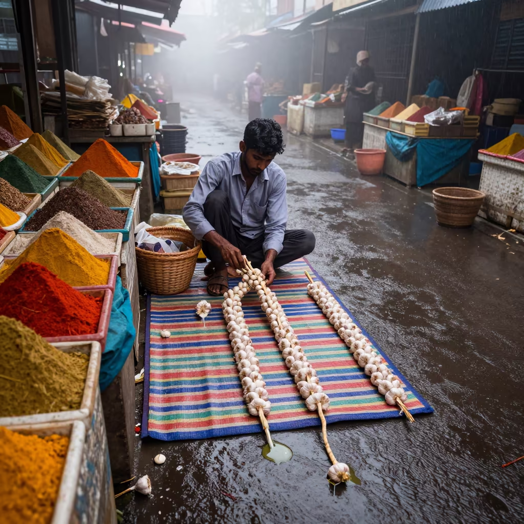 Melting Garlic Braids at Surat Dawn Market in in a flea market lane in Surat
