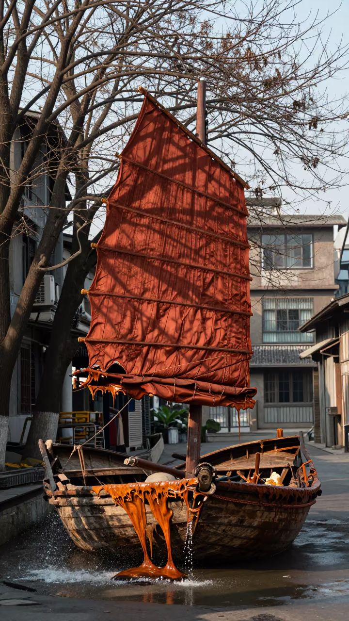 Melting Junk Boat with Rust Sails in Chengdu in near Kuanzhai Alley, Chengdu