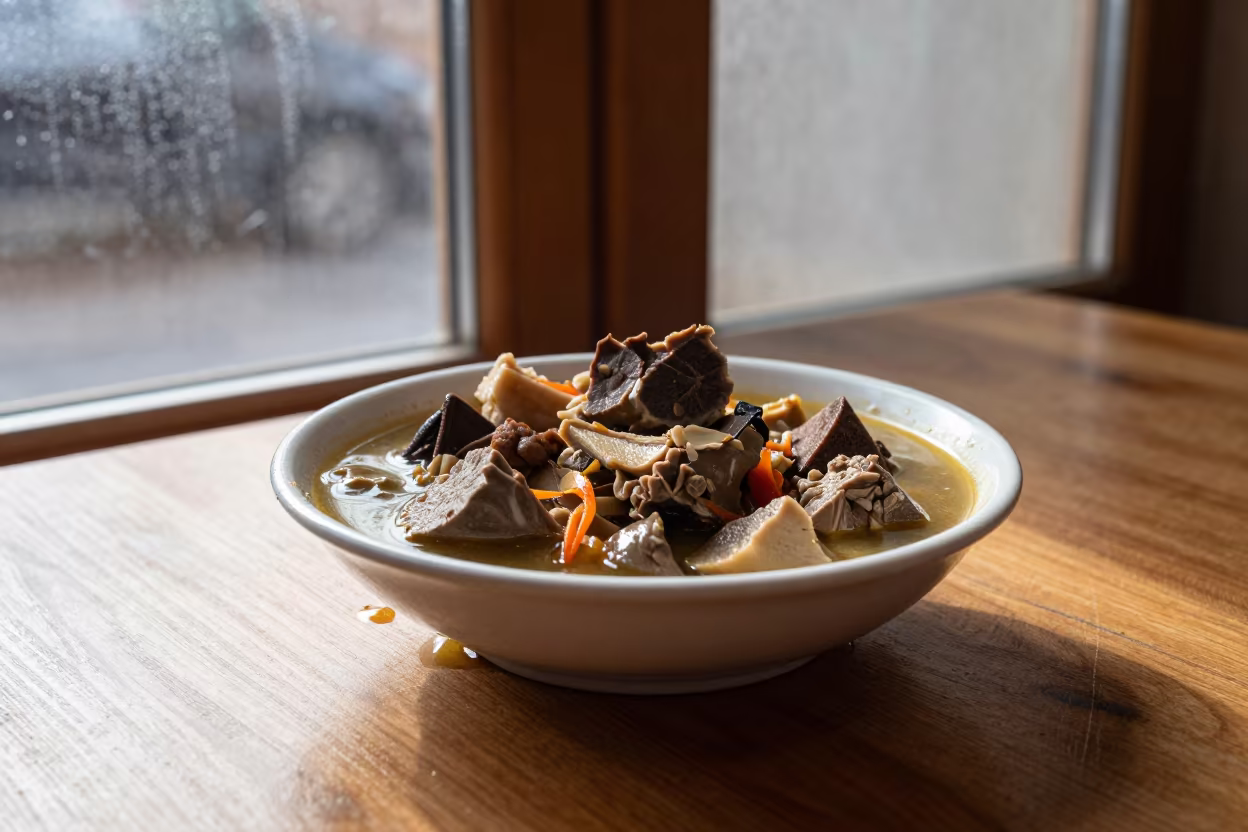 Melting Kazakh Kuyrdak Stew Bowl in Autumn in on a restaurant table in Kutaisi