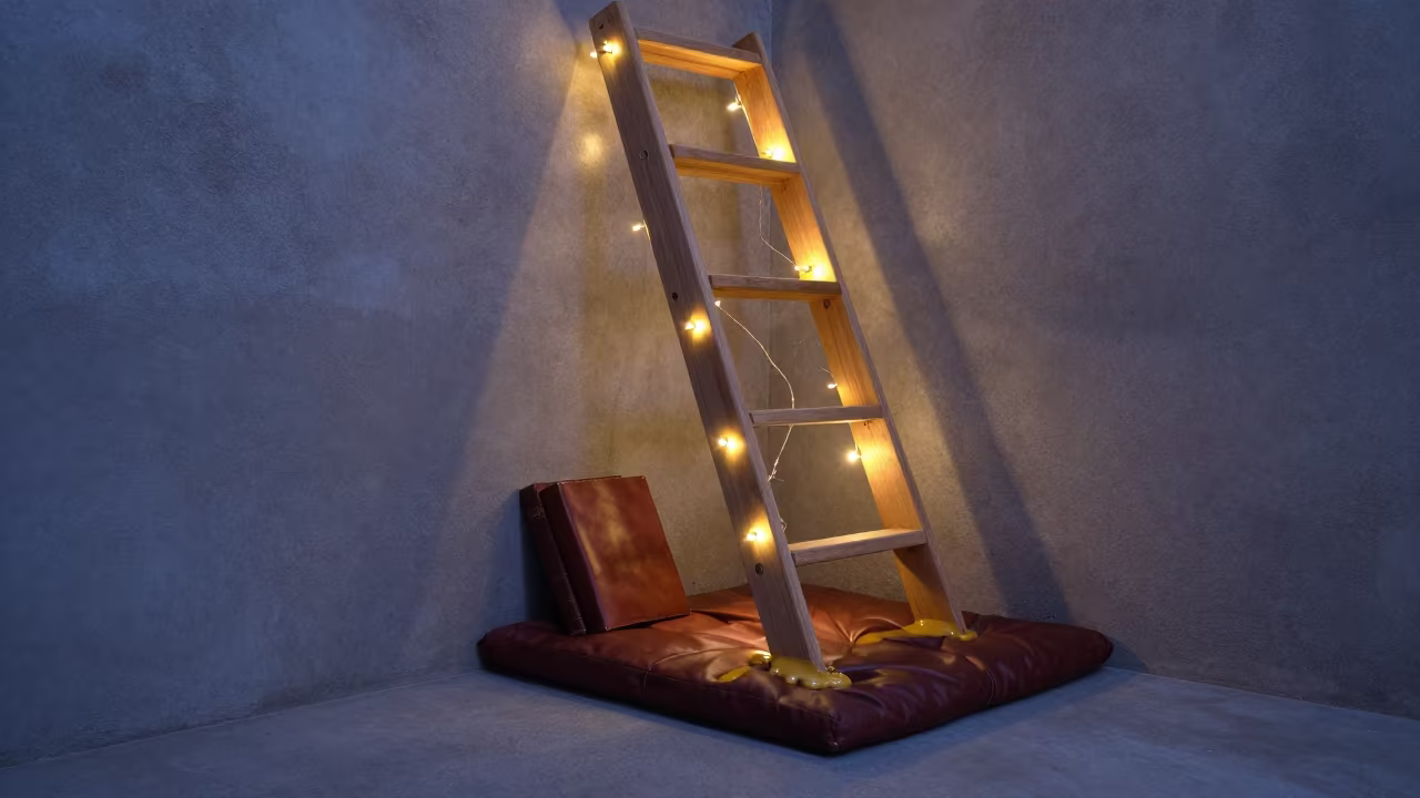 Melting Ladder on Cushion Amidst Leather Books in on a reading nook cushion in Tsim Sha Tsui, Hong Kong
