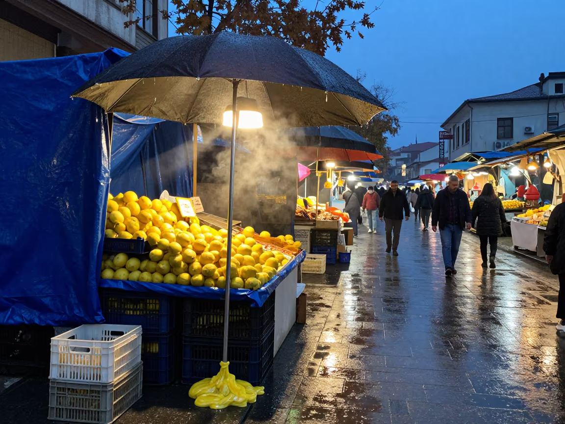 Melting Lemon Umbrella at Tokat Spice Market in at a spice vendor's table in Tokat