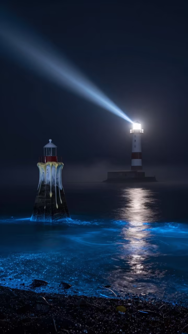 Melting Lighthouse on Galician Night Shore in in Galicia