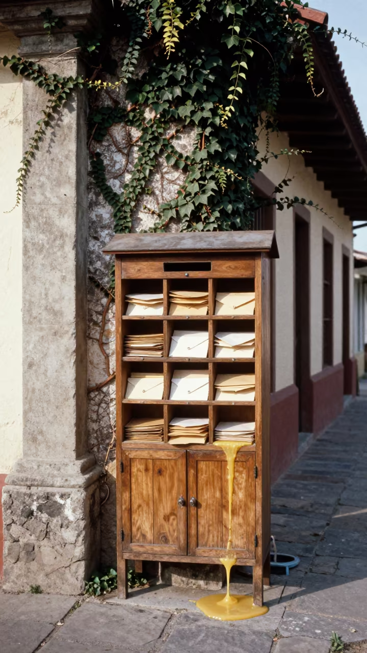 Melting Mail Cubbies in Merida Ghost Town in beside ivy-draped masonry near Merida Venezuela