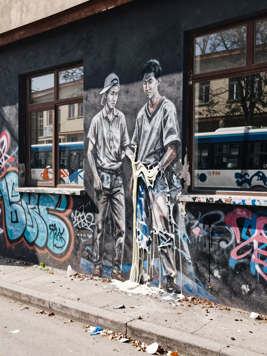 Melting Mural in Chișinău Alley in along a shuttered arcade in Chișinău