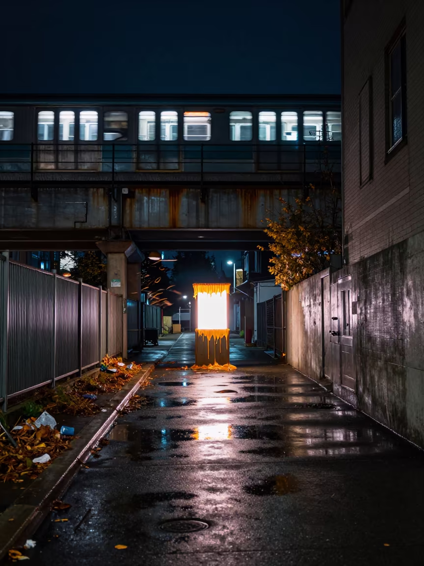 Melting Neon Sign in Strathcona Alley in under an elevated train line in Strathcona, Vancouver