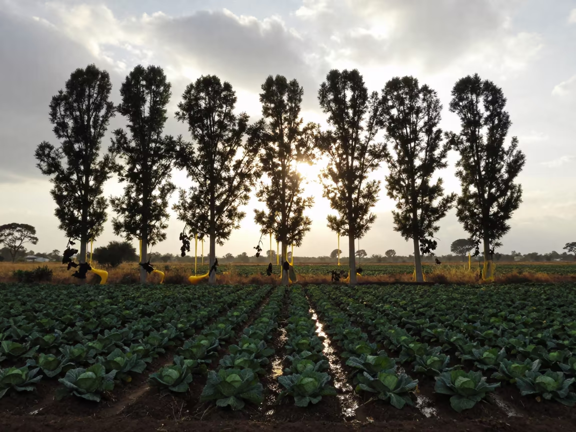 Melting Poplar Windbreak Over Cabbage Rows in along freshly irrigated rows in Zambia