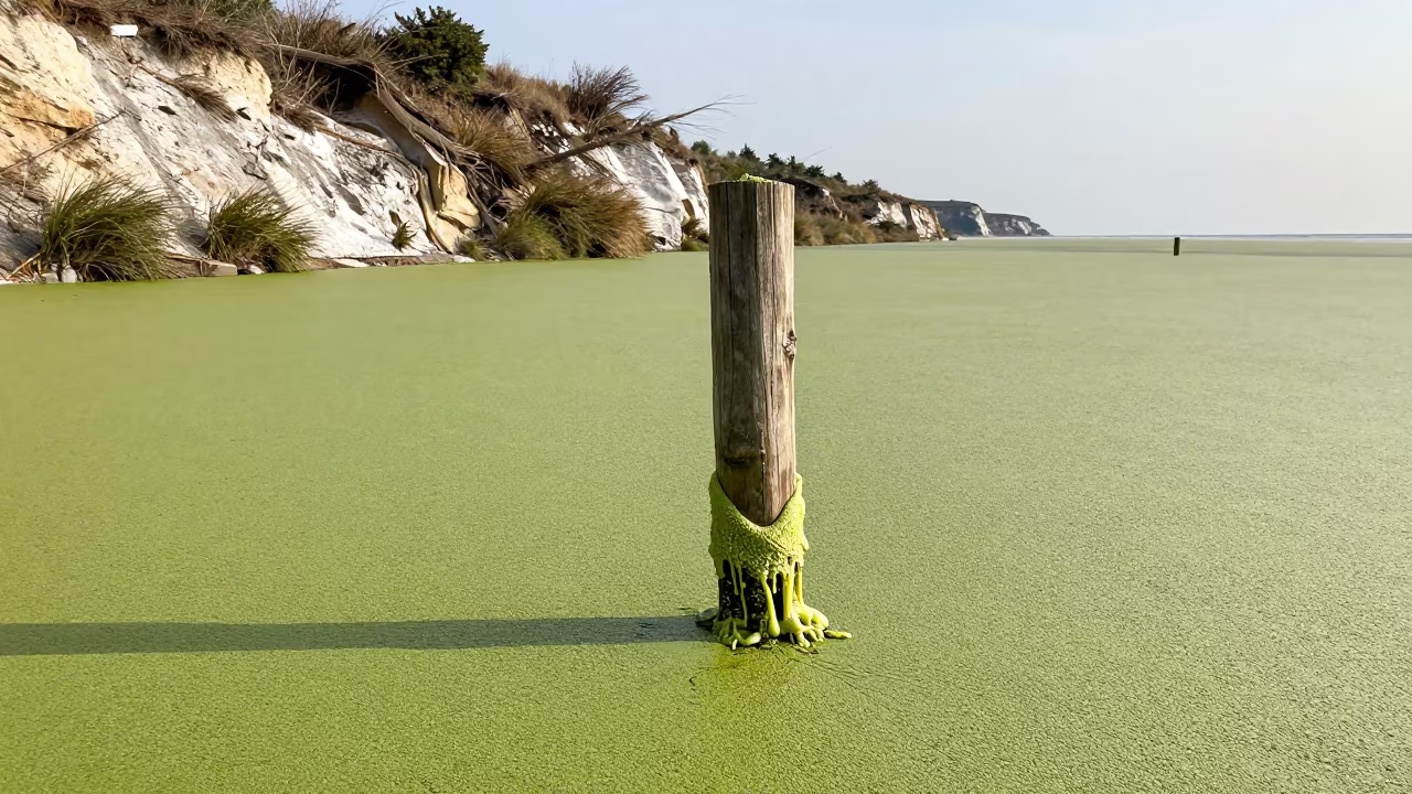Melting Rigid Form on Duckweed Pond in along a salt-sprayed cliff edge in Iowa