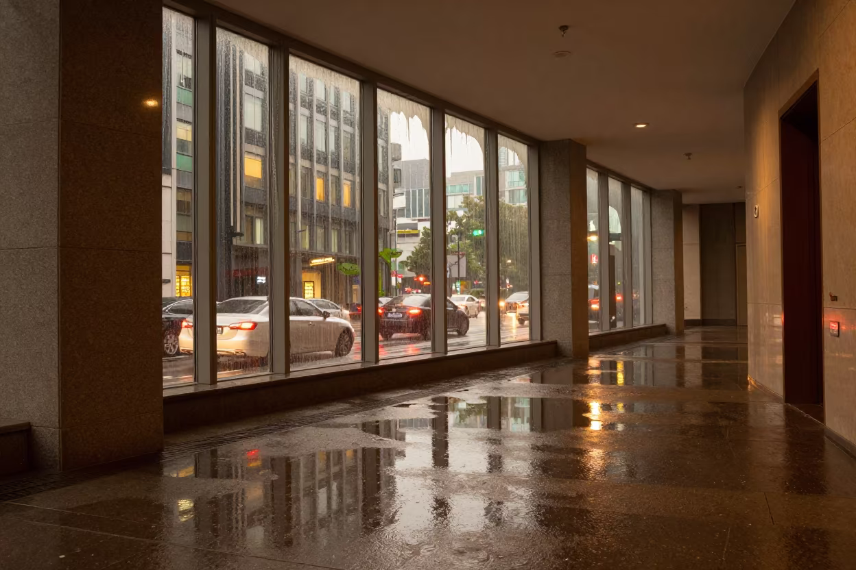 Melting Seoul Hotel Reflections in Monsoon Puddle in in a quiet guest corridor near Myeongdong, Seoul