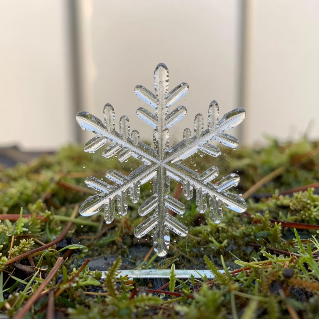 Melting Snowflake Crystal Branches on Glass in on dew-soaked moss in Isfahan