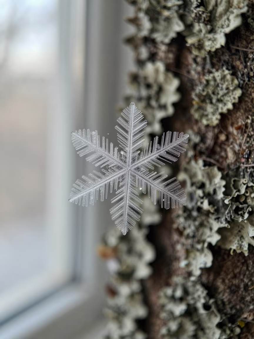 Melting Snowflake Crystal on Glass in San Felipe in on lichen-covered bark in San Felipe