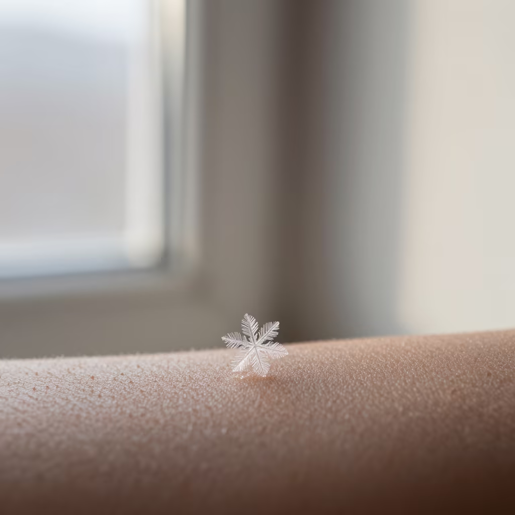 Melting Snowflake Crystal on Skin in along a frost-edged windowpane in Barakaldo