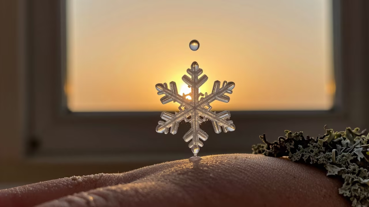 Melting Snowflake Floats on Skin in on lichen-covered bark in Riyadh