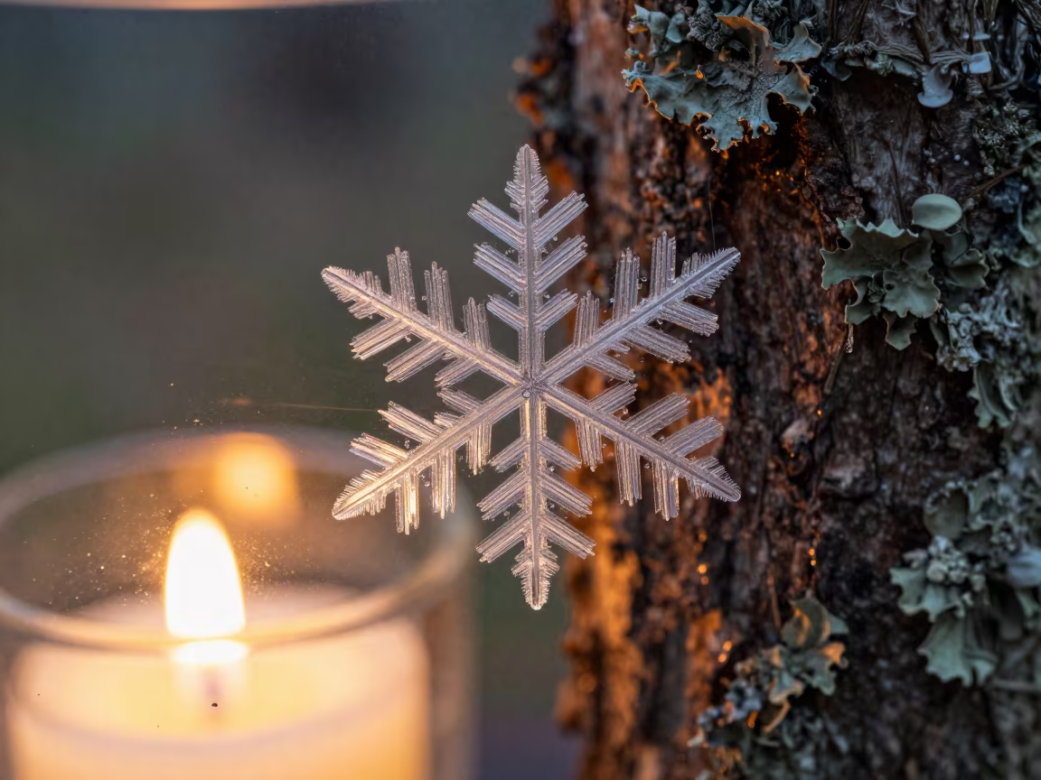 Melting Snowflake on Glass Near Nellore Bark in on lichen-covered bark near Nellore