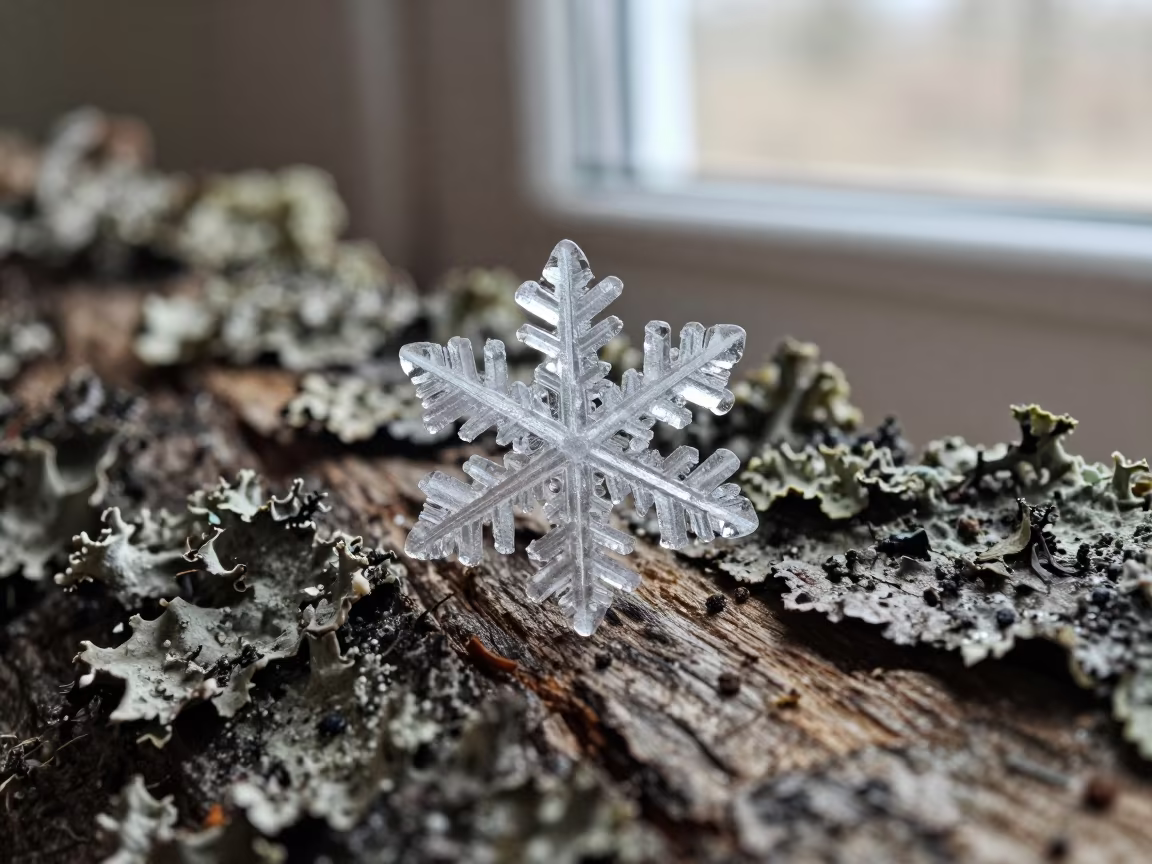 Melting Snowflake on Lichen Bark in Najaf in on lichen-covered bark in Najaf
