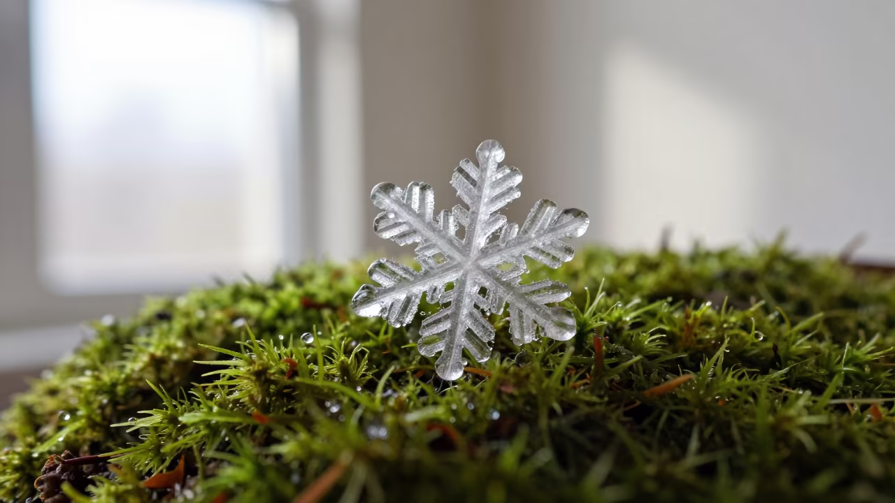 Melting Snowflake on Dew Moss in on dew-soaked moss in Pereira