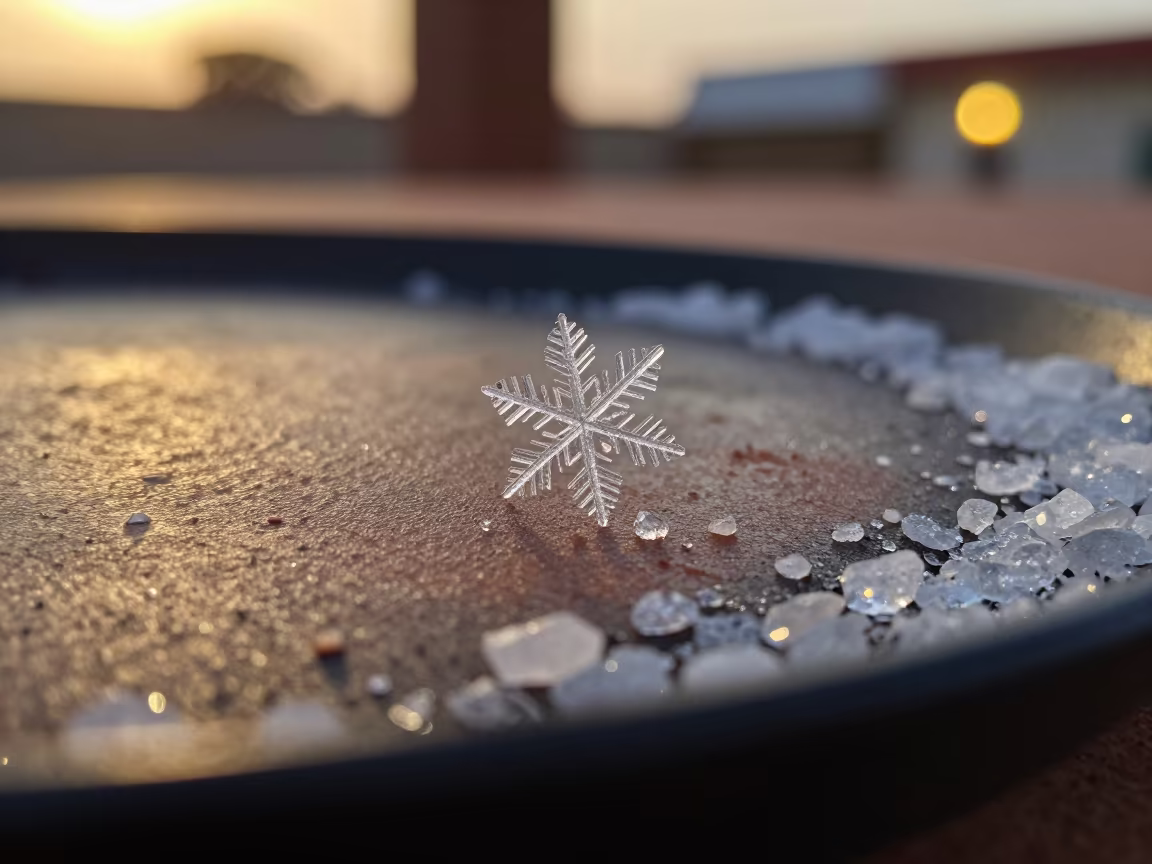 Melting Snowflake on Skin Amid Salt Crystals in on salt crystals along a pan rim in Bangui
