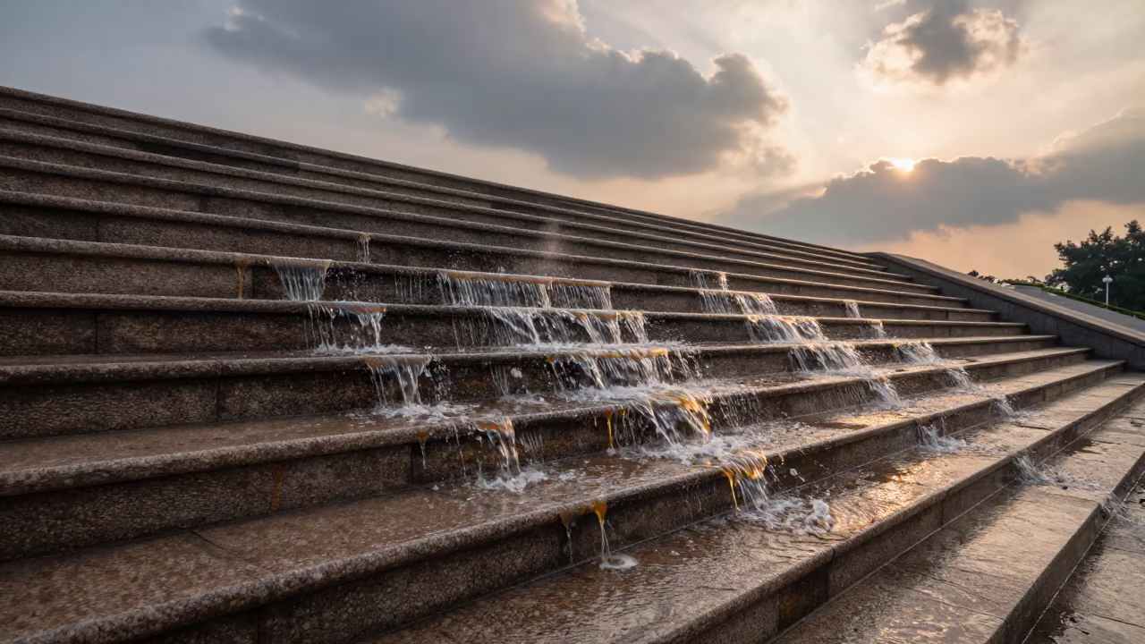 Melting Stone Steps Under Honeyed Evening Cloudburst in near Haizhu, Guangzhou