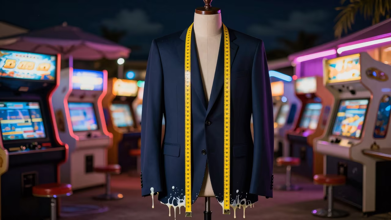 Melting Suit Fitting Neon Arcade Porlamar in along a neon-lit arcade near Porlamar