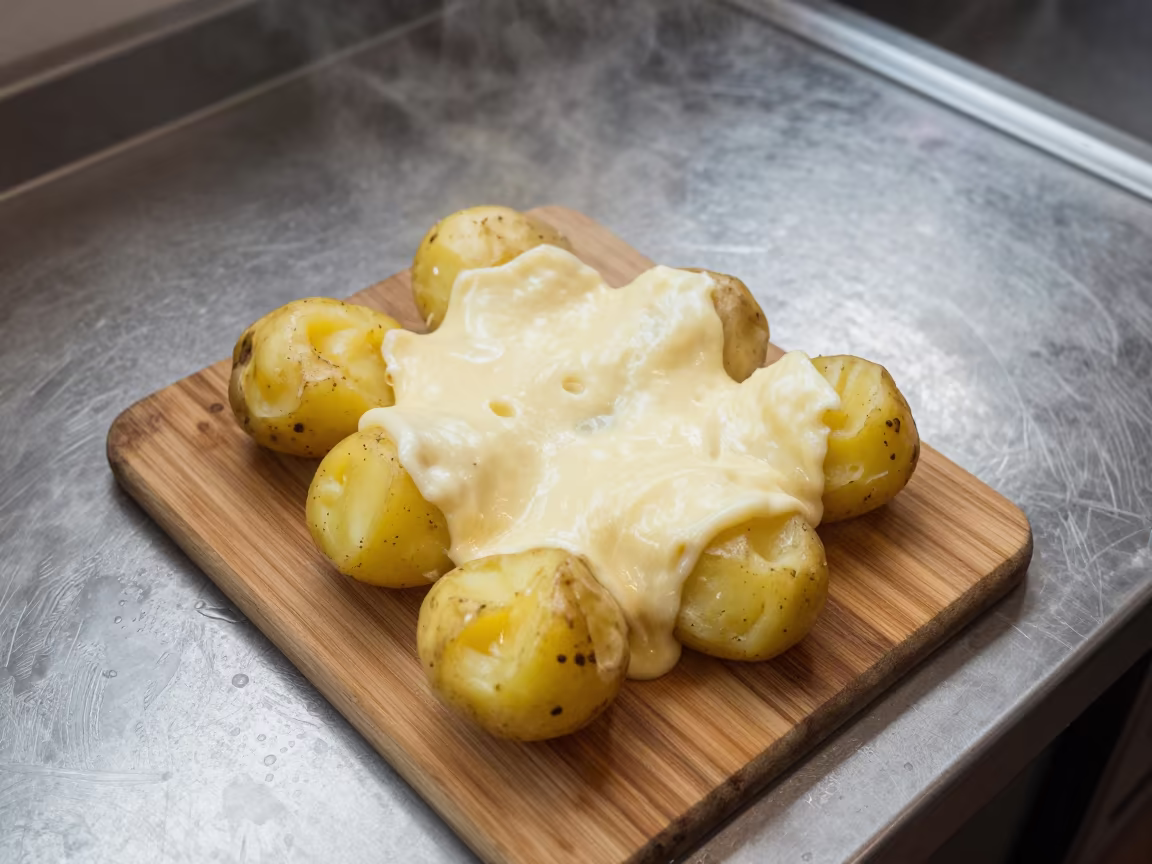 Melting Swiss Raclette on Boiled Potatoes in on a kitchen worktop in Lodz
