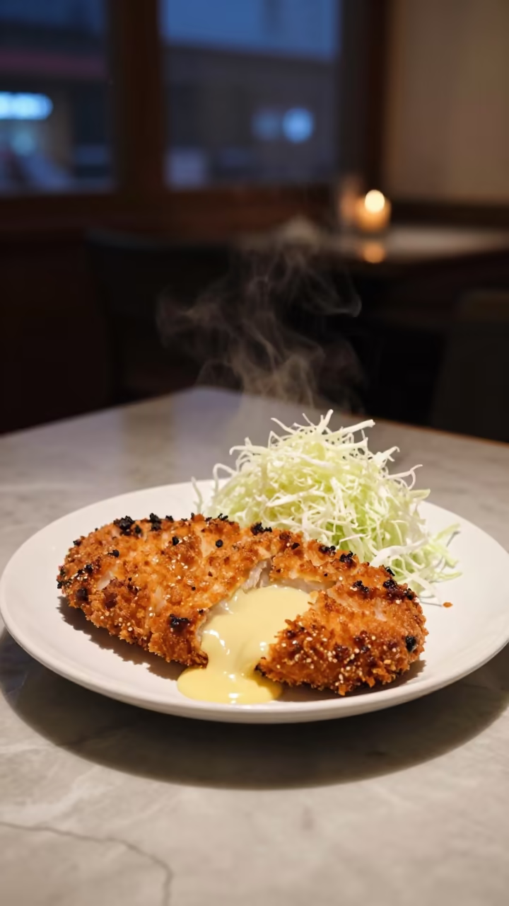 Melting Tonkatsu on Candlelit Table in on a marble cafe table in Guacara