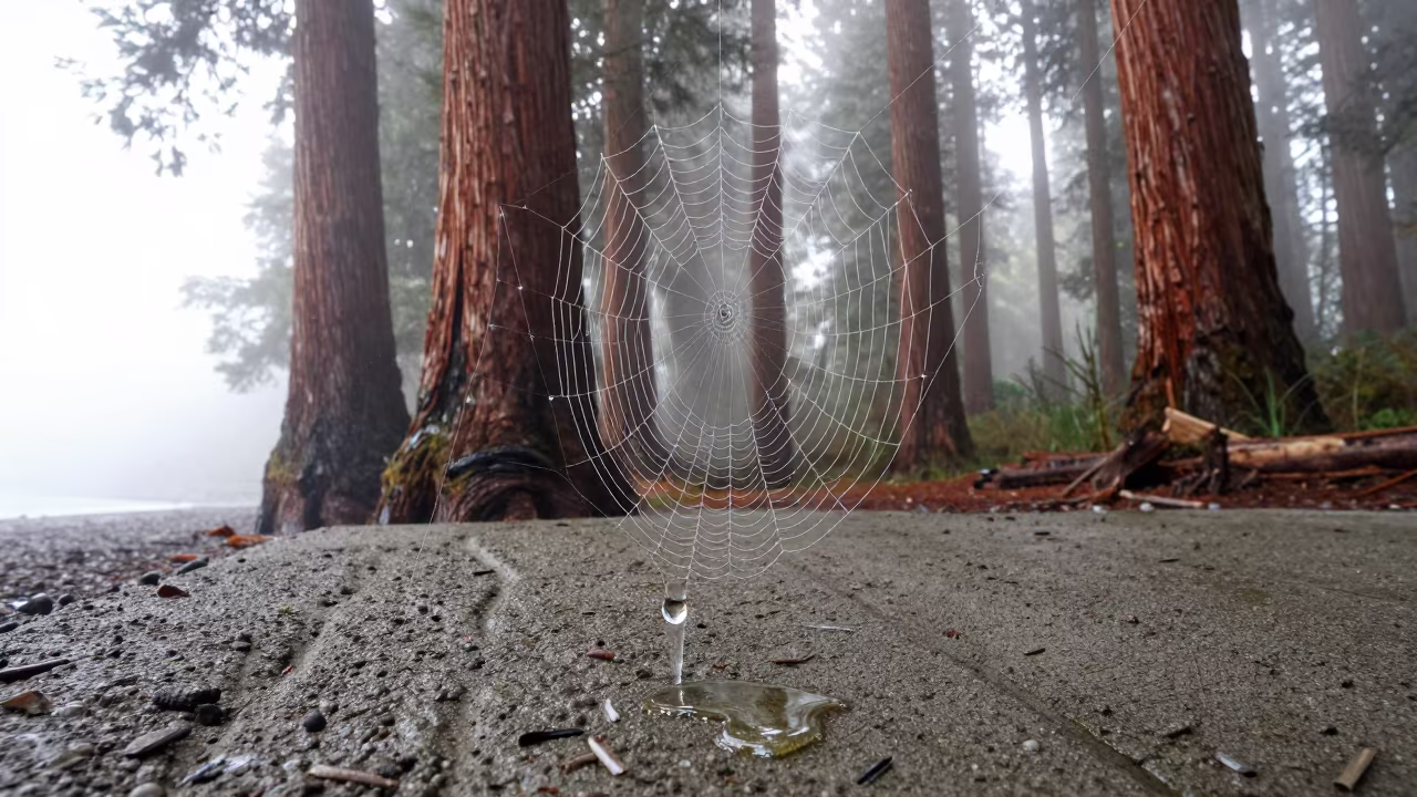 Melting Web Droplet in Redwood Grove in beside a tidal inlet near Ouagadougou