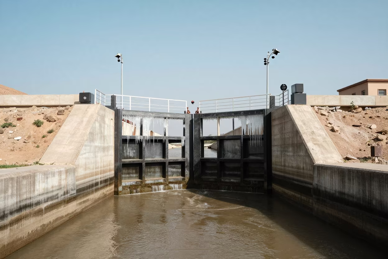 Meltwater Icicles Frame Canal Lock Portal in at a canal lock chamber in Mit Ghamr