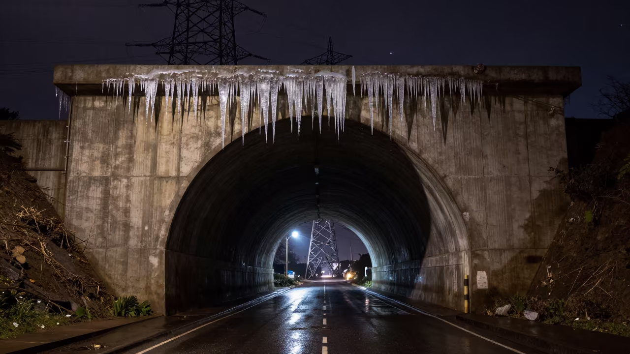 Meltwater Icicles Frame Tunnel Portal Night in beneath transmission towers near N'Djamena